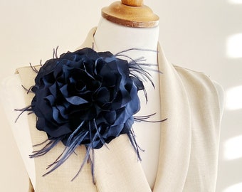 Dark blue flower brooch with feathers pin fabric silk broach flowy lightweight