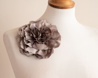 Grey beige shiny flower brooch pin fabric