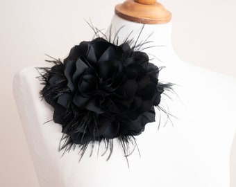 Black flower brooch with feathers pin fabric silk broach flowy lightweight