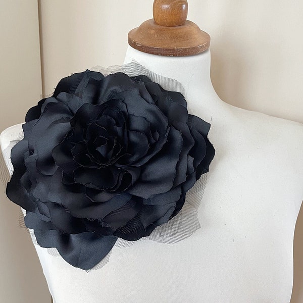 Large SHINY Black flower brooch pin fabric big silk oversize handmade giant