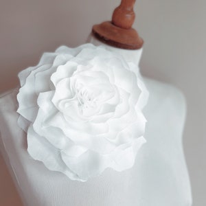 Large SHINY White flower brooch pin handmade fabric silk Big statement accessory wedding giant image 1