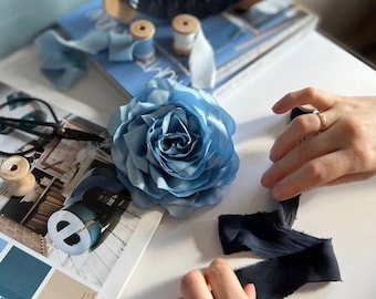 Light blue flower brooch pin shiny fabric silk