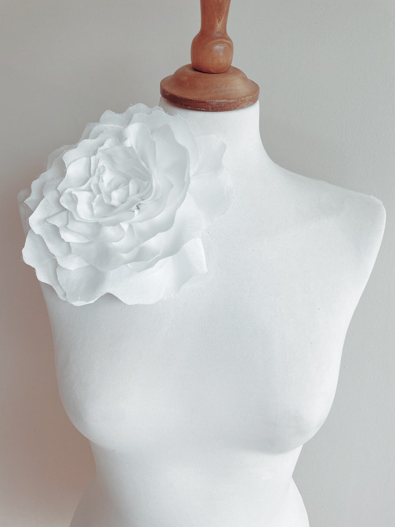 Large SHINY White flower brooch pin handmade fabric silk Big statement accessory wedding giant image 2