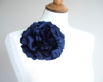 Dark blue flower brooch pin fabric silk broach flowy lightweight