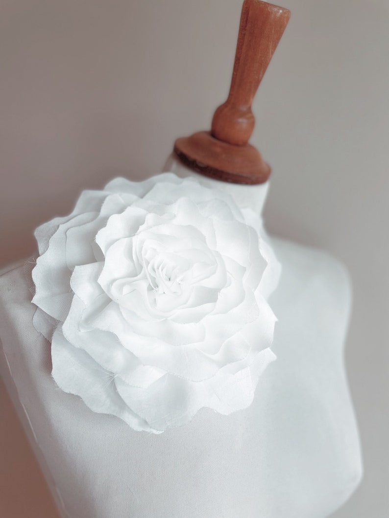Large SHINY White flower brooch pin handmade fabric silk Big statement accessory wedding giant image 1