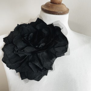 Large MATT Black flower brooch, big flower pin fabric silk oversize giant