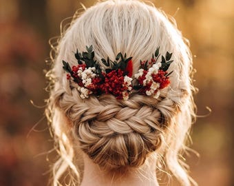 Dried flower hair pins bridal, Fall Autumn wedding rustic terracotta floral clips, boho rust hair piece for Bride