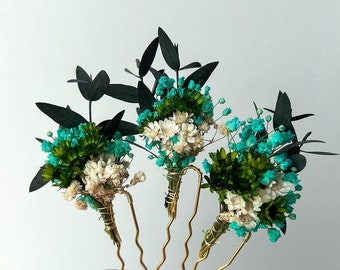 Grüne Eukalyptus Hochzeit getrocknete Blumen Haarnadeln, Boho Braut Haarschmuck, getrocknete Gypsophila Haarspangen für die Braut, floraler Kopfschmuck