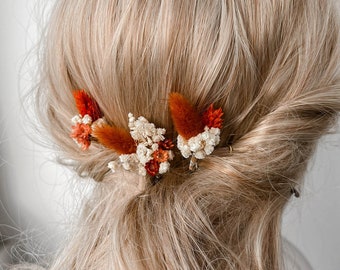 Terracotta Wedding Dried flower hair pins, Fall Autumn wedding hair accessories, Rustic Boho Bridal hair piece, small hair clips floral