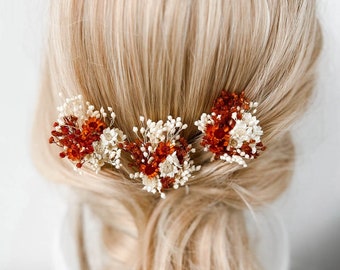 Épingles à cheveux de fleurs séchées de mariage rustique en terre cuite, accessoires de cheveux de mariage automne automne, morceau de cheveux de mariée bohème, pinces à cheveux rouille florale