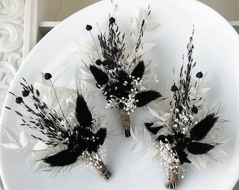 Boutonnière de fleurs séchées de mariage noir et blanc, mini bouquet sec de mariage gothique, boutonnière du marié, accessoires bohèmes pour garçons d'honneur