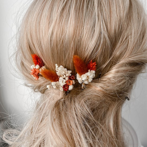 Épingles à cheveux fleurs séchées de mariage en terre cuite, accessoires de cheveux de mariage automne automne, morceau de cheveux de mariée bohème rustique, petites pinces à cheveux florales