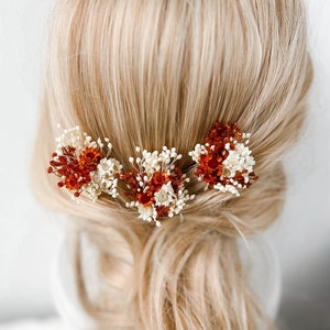 Épingles à cheveux de fleurs séchées de mariage rustique en terre cuite, accessoires de cheveux de mariage automne automne, morceau de cheveux de mariée bohème, pinces à cheveux rouille florale image 1