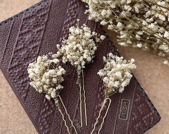 Getrocknete Blumen Haarnadeln, Weiße Boho Hochzeitsblumen Haarnadeln, Braut Haarschmuck, Boho Haarteil,