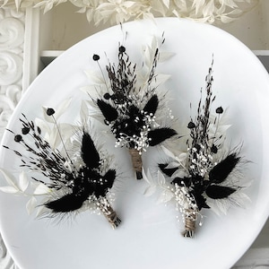 Schwarz & Weiß getrocknete Blume Boutonniere, Gothic Hochzeit Groomsmen Accessoire
