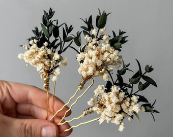 Épingles à cheveux de fleurs séchées de mariage de verdure d'eucalyptus, accessoires de cheveux de mariée bohème, pinces à cheveux de gypsophile séchées pour la mariée, casque floral