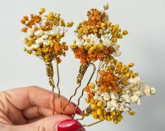 Dried flower hair pins yellow, Bridal Gypsophila floral hair piece, Country wedding hair accessories boho, natural hair pins