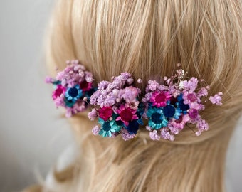 Forcine per capelli con fiori essiccati viola lavanda, accessori per capelli floreali da sposa Boho, fermagli per capelli da sposa blu, pezzo di capelli boho Gypsophila