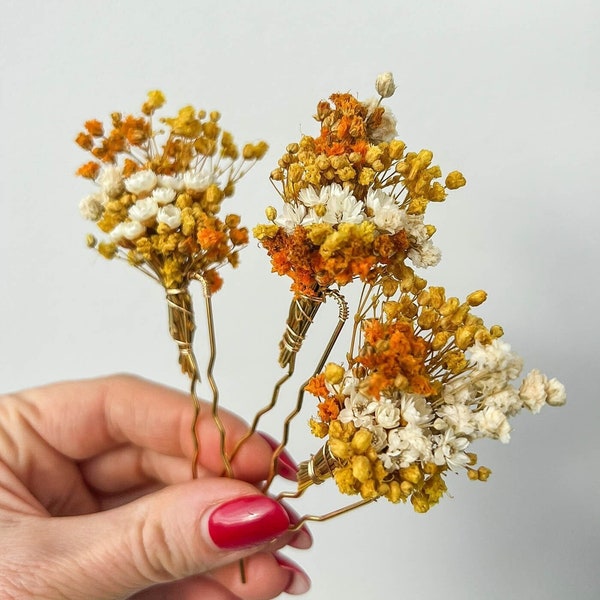 Dried flower hair pins yellow, Bridal Gypsophila floral hair piece, Country wedding hair accessories boho, natural hair pins