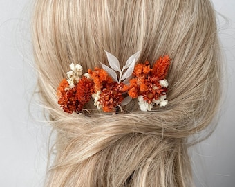 Épingles à cheveux fleurs séchées de mariage orange brûlé, accessoires de cheveux de mariage automne automne, morceau de cheveux de mariée bohème rustique, petites barrettes à cheveux florales