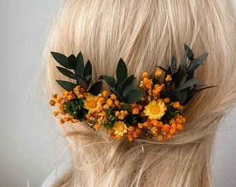 Épingles à cheveux de fleurs séchées de mariage de verdure d'eucalyptus, accessoires de cheveux de mariée bohème, épingles à cheveux de gypsophile orange et jaune pour la mariée