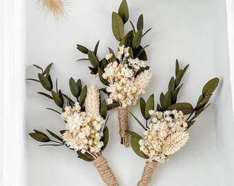 Grüne Hochzeits-Boutonniere für Männer, Bräutigam-Boutonniere, Abschlussball-Blumen-Boutonniere-Anstecknadel, Eukalyptus-Winterhochzeits-Knopfloch-getrocknete Blumen