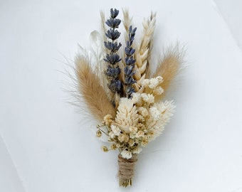 Boho Dried flower boutonniere, Pampas Grass Bohemain wedding groom buttonhole, Lavender wedding boutonniere, mini bouquet