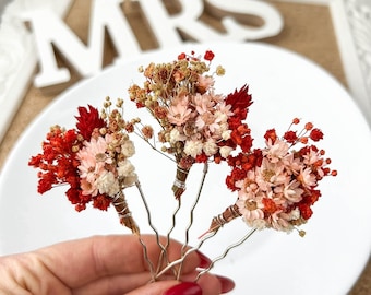 Dried flower hair pins red pink for Fall Autumn Boho wedding, Red hair accessories Bridal, Boho dried Gypsophila hair clips