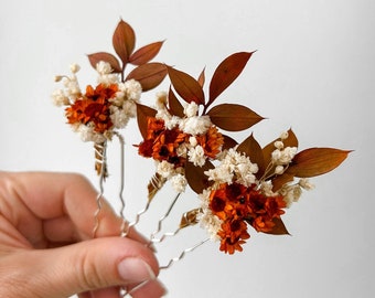 Épingles à cheveux de fleurs séchées de mariage en terre cuite rouille, accessoires de cheveux de mariage automne automne, morceau de cheveux de mariée orange brûlé bohème, pinces à cheveux florales