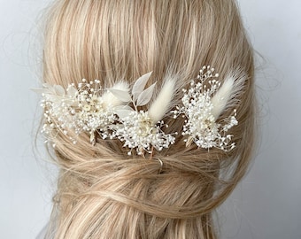 Dried flower hair pins, Bridal BOHO wedding hair accessories, Gypsophila Babys Breath white floral hair clips for Bride