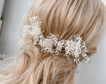 Getrocknete Blumen Haarnadeln BOHO, Braut Hochzeit Haarschmuck, Gypsophila Babys Breath weiße florale Haarspangen für die Braut