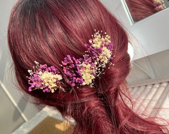 Épingles à cheveux fleurs séchées, épingles à cheveux fleurs de mariage violettes, accessoires pour cheveux de mariée, morceau de cheveux bohème, accessoires de vraies fleurs