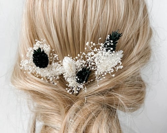 Épingles à cheveux fleurs séchées de mariage noir et blanc, accessoires pour cheveux bohèmes de mariée Baby Breath, pinces à cheveux de mariage Halloween sombres