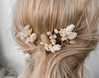 Épingles à cheveux bohèmes fleurs séchées, épingles à cheveux fleurs de mariage bohème blanches, accessoires pour cheveux de mariée, vraies pinces à cheveux florales en gypsophile