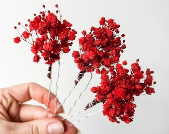 Red Dried flower hair pins for wedding, hair accessories Bridal, Boho Gypsophila hair clips for bride, real flower hair piece