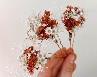 Épingles à cheveux fleurs séchées de mariage en terre cuite, accessoires de cheveux de mariage automne automne, morceau de cheveux de mariée bohème rustique, pinces à cheveux florales