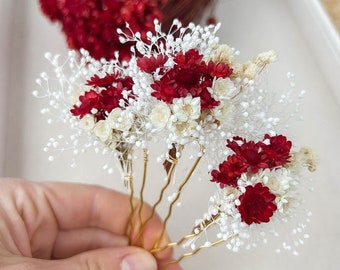 Alfileres de pelo de flores secas de amapola roja, accesorios de boda de boda de Borgoña nupcial, clips de pelo de dama de honor rojos, pieza de pelo floral
