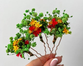 Wildflower wedding dried flower hair pins, Bridal Gypsophila floral hair piece, Colorful summer Green hair accessories, boho hair piece