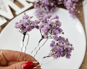 Horquillas para el cabello de flores secas de color púrpura lavanda, accesorios para el cabello florales de boda boho, clips para el cabello de novia, pieza de cabello boho