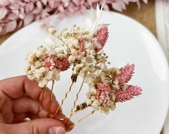 Épingles à cheveux fleurs séchées de mariage romantique rose blush, accessoires pour cheveux de mariée bohème, pinces à cheveux florales, morceau de cheveux Baby Breath