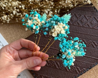 Épingles à cheveux fleurs séchées, accessoires pour cheveux de mariée mariage bleu blanc, morceau de cheveux bleu sarcelle bohème, pinces à cheveux florales pour la mariée