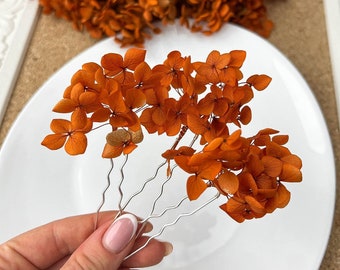 Rustic Terracotta Hydrangea Dried Flower Hair Pins, Boho Wedding