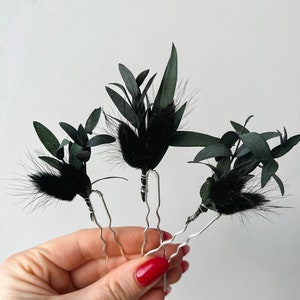 Black Gothic Wedding dried flower hair pins, Eucalyptus Boho hair accessories, Dark Moody Halloween hair clips, Bridal hair piece