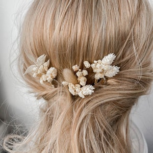 Boho gedroogde bloem haarspelden, witte Boho Wedding Flower haarspelden, bruidshaaraccessoires, echte bloemen Gypsophila haarclips afbeelding 1