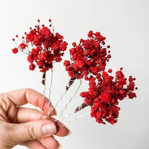 Red Dried flower hair pins for wedding, hair accessories Bridal, Boho Gypsophila hair clips for bride, real flower hair piece