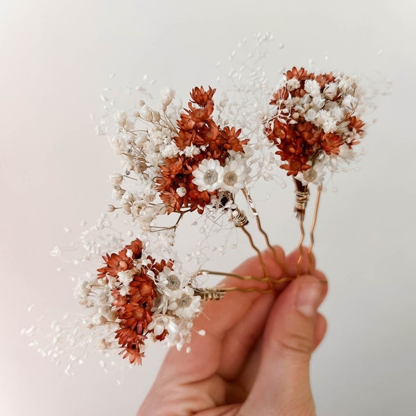 Terracotta Wedding Dried flower hair pins, Fall Autumn wedding hair accessories, Rustic Boho Bridal hair piece, hair clips floral