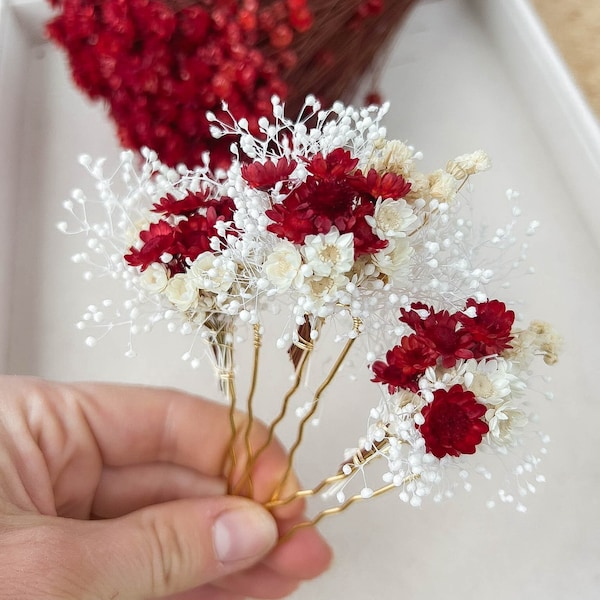 Épingles à cheveux fleur séchée coquelicot rouge, accessoires de mariage mariage bordeaux mariée, pinces à cheveux de demoiselle d'honneur rouge, morceau de cheveux floral