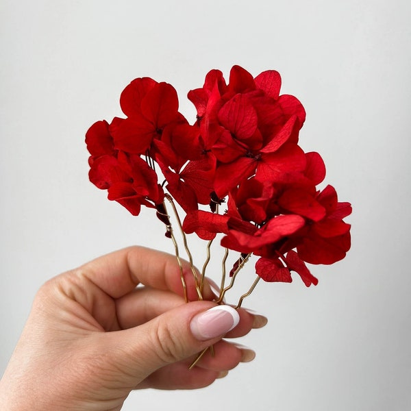 Forcine per capelli con fiori secchi da sposa rosso bordeaux, accessori per capelli Hydrangea Boho, pezzo di capelli floreale, fermagli per capelli rossi