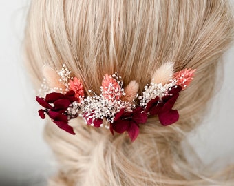 Épingles à cheveux fleurs séchées de mariage bordeaux, accessoires pour cheveux bohèmes hortensias, morceau de cheveux floral, pinces à cheveux rouges de mariée