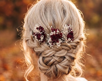 Épingles à cheveux fleurs séchées de mariée, barrettes à cheveux roses rouges de mariage bordeaux, morceau de cheveux floral bohème pour la mariée